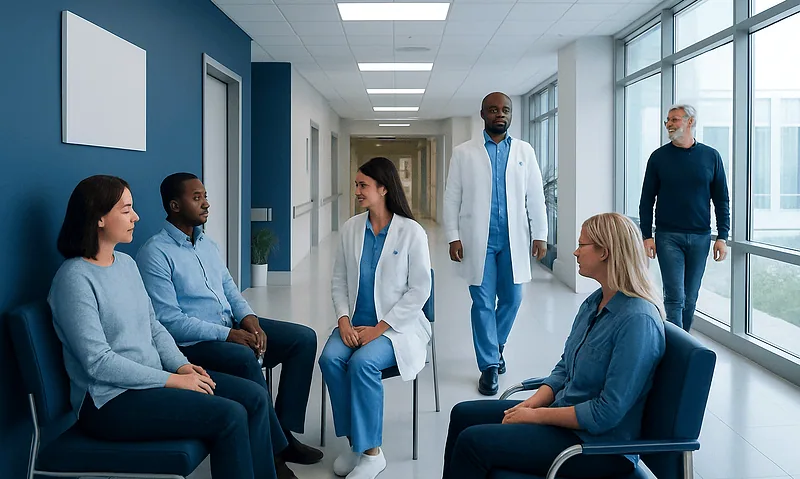 Medical team consulting in a hospital corridor with patients and staff.