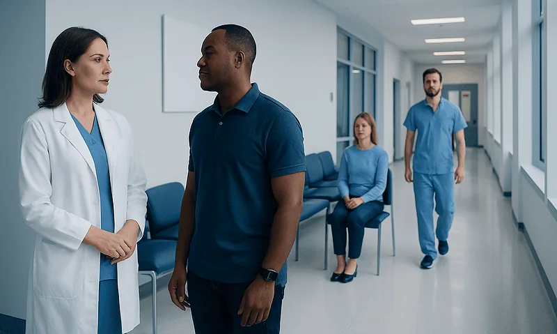 Doctor talking to patient in hospital corridor with waiting patients.