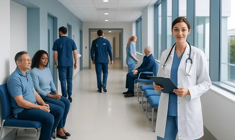 Healthcare professionals and patients in a hospital corridor with a doctor in the foreground.
