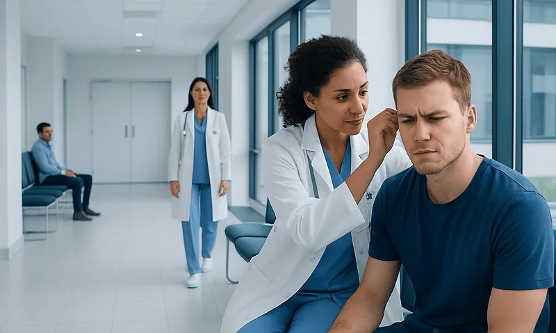 Abscess ear: Symptoms, Causes, and Treatment — Complete Patient Guide 6 Doctor examining a young man's ear in a hospital corridor.