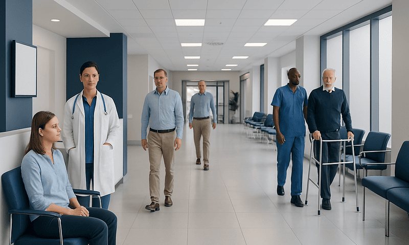Patients and medical staff in a hospital corridor at Acibadem Hospitals Group.