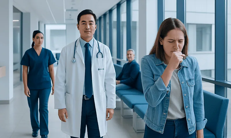 Patient coughing in hospital corridor with medical staff nearby.