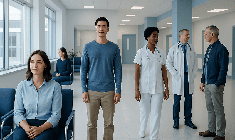 Diverse group of patients and healthcare professionals in a hospital waiting area.