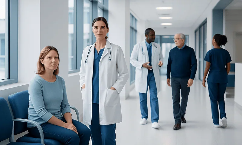 Anxiolytic: A Complete Medical Overview 3 Medical professionals and patient in hospital corridor at Acibadem Hospitals Group.