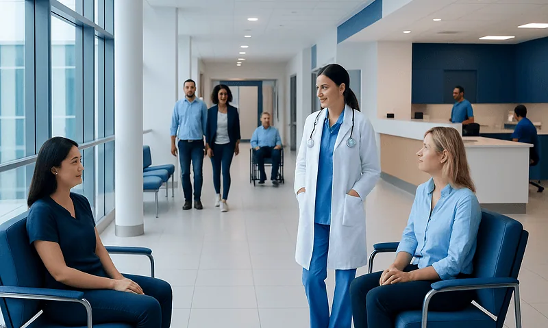 Healthcare professionals and patients in a modern hospital waiting area.