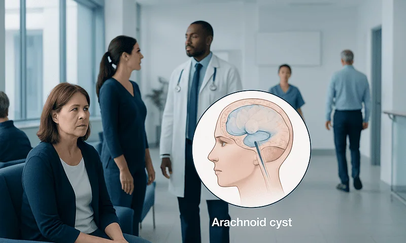 Medical consultation about arachnoid cyst with brain diagram in hospital setting.