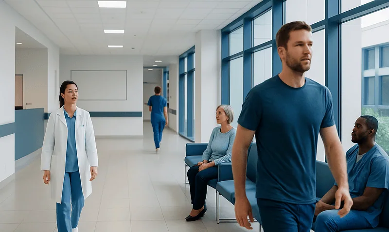Patients and medical staff in a modern hospital corridor.