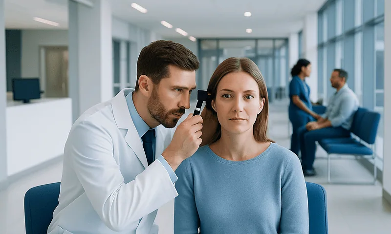 ENT doctor examining a woman's ear in a modern clinic setting.