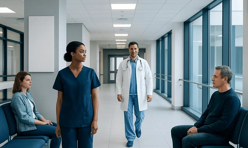 Medical team consulting with patient in hospital corridor.