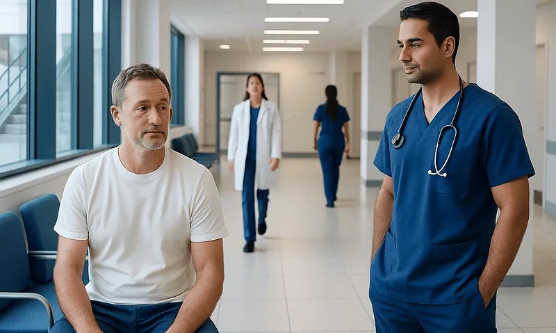 Doctor consulting with a patient in a hospital corridor.