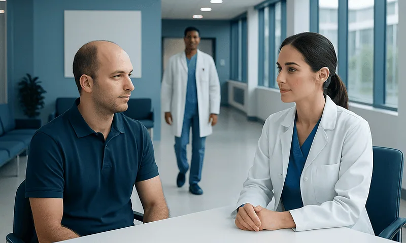 Patient consulting with doctor in a modern hospital setting.