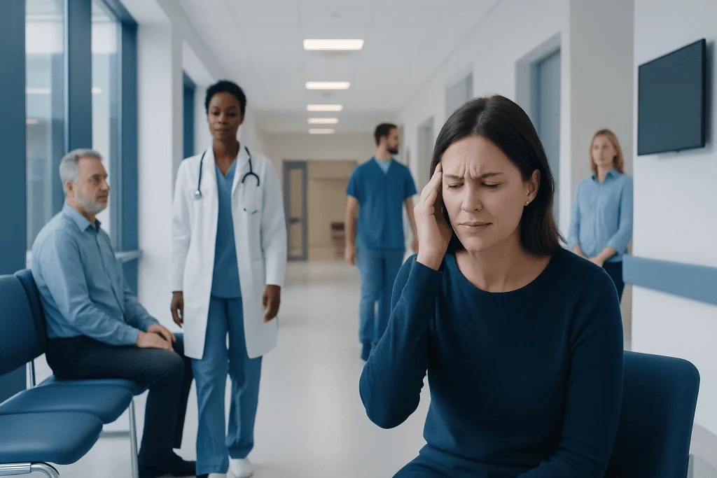 Ice Pick Headache Explained: Common Triggers and Red Flags 1 Woman experiencing headache in hospital corridor with medical staff nearby.