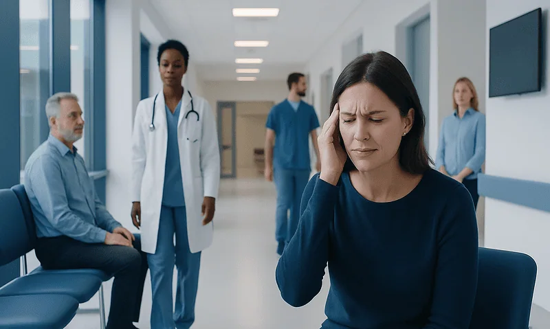 Woman experiencing headache in hospital corridor with medical staff nearby.