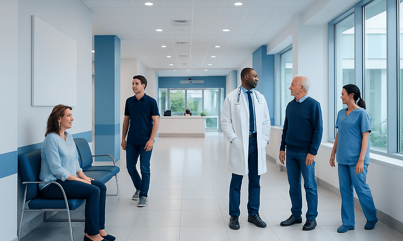 Medical team consulting patient in hospital corridor at Acibadem Hospitals.
