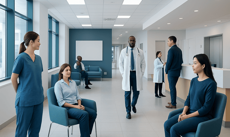 Medical professionals and patients in a modern hospital waiting area.