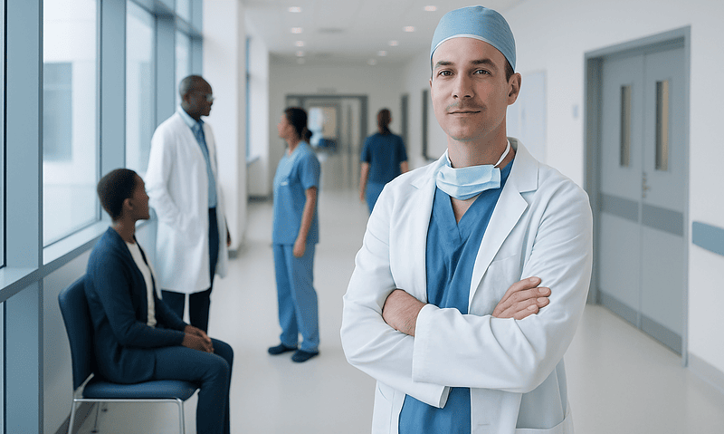 Interventional cardiologist in hospital corridor with medical team in background.