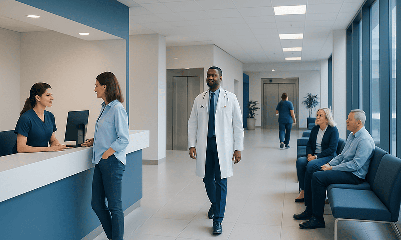 Hospital reception area with staff and patients in a modern healthcare facility.