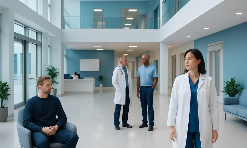 Medical professionals and patient in a modern hospital lobby.