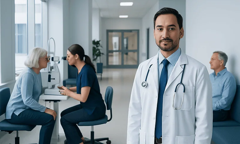 Ophthalmologist with patients in a modern clinic setting.