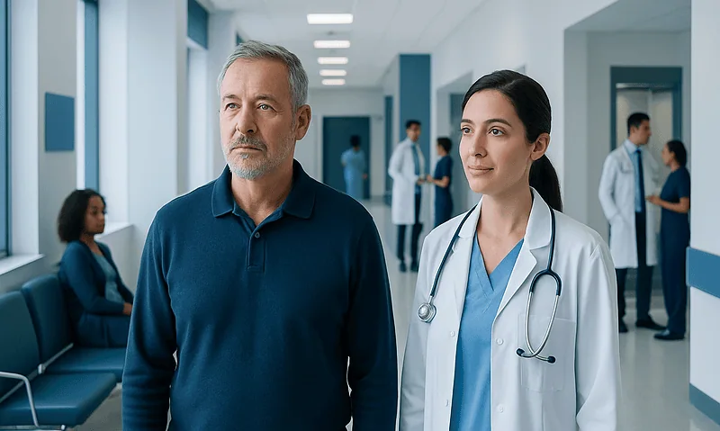 Health Library 16 Doctor and patient in hospital corridor at Acibadem Hospitals Group.