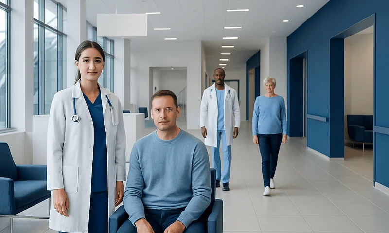 Medical team in hospital corridor with patient and staff members.