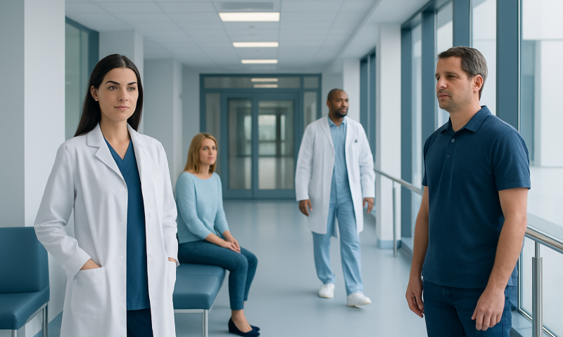 Medical team discussing patient care in hospital corridor.