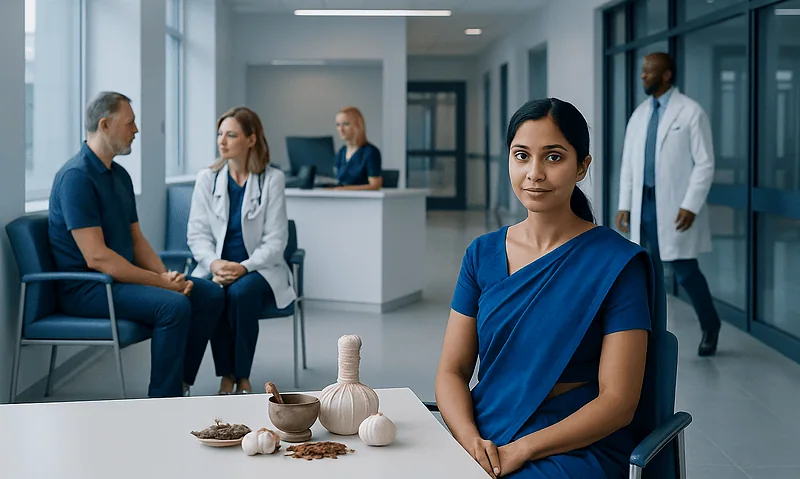 Indian woman in traditional attire in a modern hospital setting.