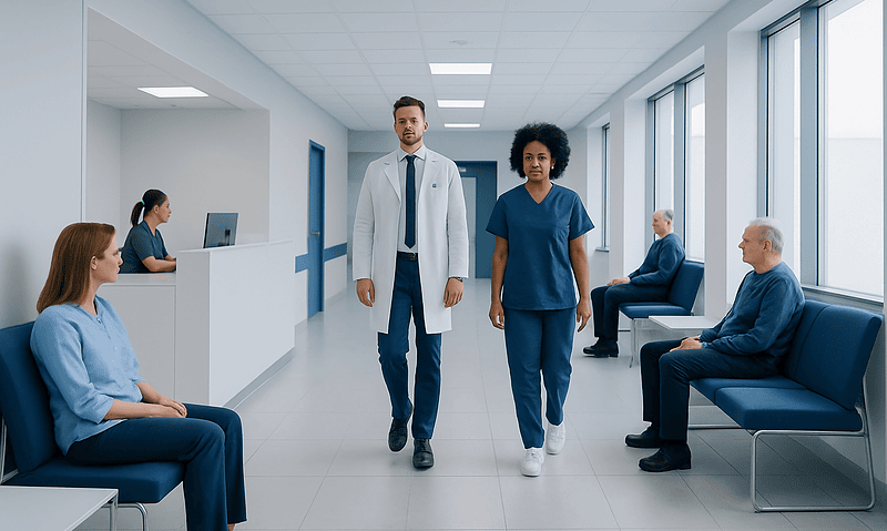 Medical professionals and patients in a modern hospital corridor.