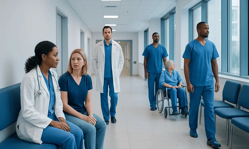 Medical team waiting in hospital corridor with patients and staff.