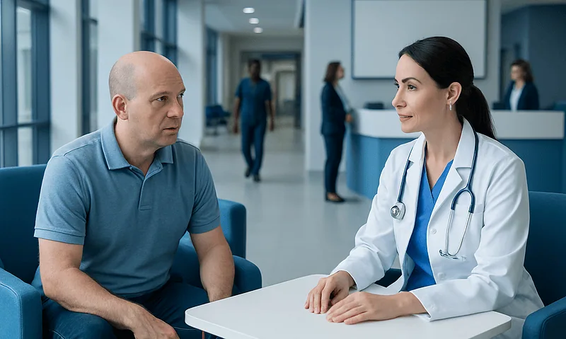 Doctor consulting with patient in modern hospital setting.