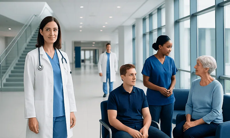 Healthcare professionals and patients in a modern hospital corridor.