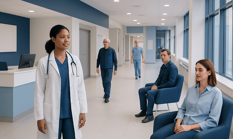 Healthcare professionals and patients in a modern hospital corridor.