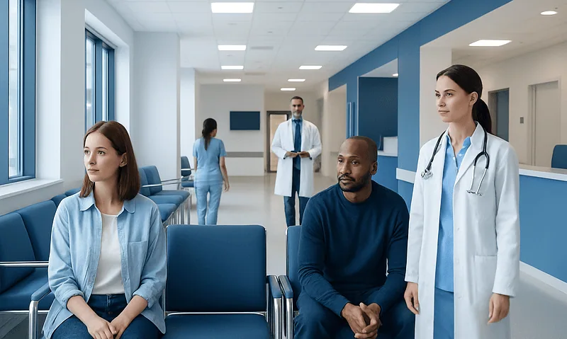 Medical staff and patients in a modern hospital waiting area.