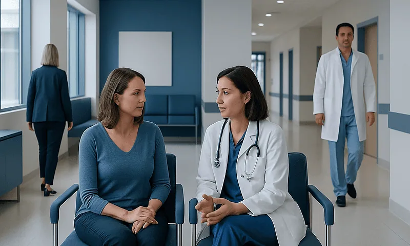 Doctor consulting with a patient in a modern hospital corridor.