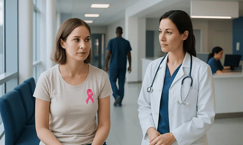 Doctor consulting a patient with breast cancer awareness pink ribbon.