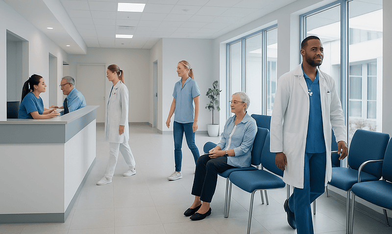 Modern hospital waiting area with medical staff and patients.