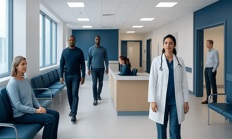 Medical staff and patients in a hospital corridor at Acibadem Hospitals Group.