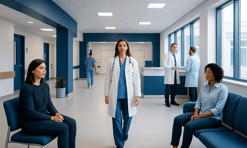 Medical professionals and patients in a modern hospital waiting area.