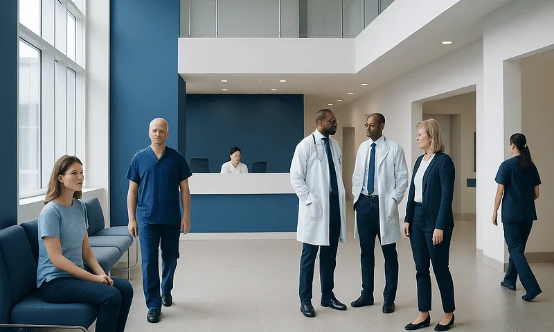 Medical professionals and patient in hospital lobby at Acibadem Hospitals Group.