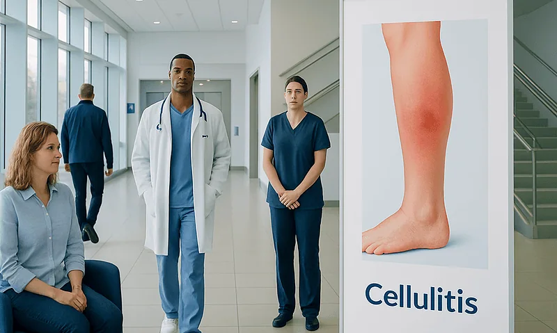 What is cellulitis: Common Causes, Warning Signs, and When to Worry 16 Medical professionals discussing cellulitis in a hospital corridor.
