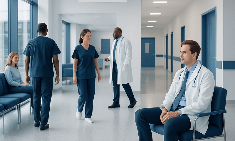 Medical staff and patients in a hospital corridor at Acibadem Hospitals Group.