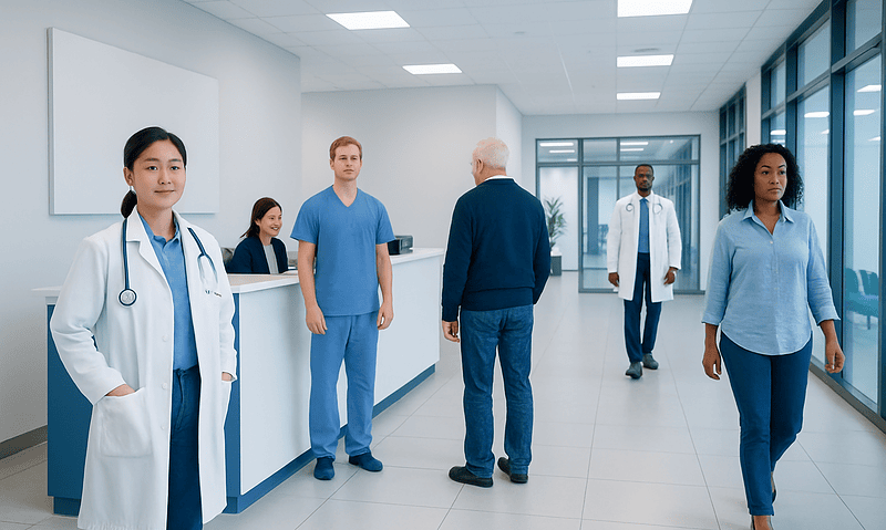 Medical team and staff in a modern hospital corridor.
