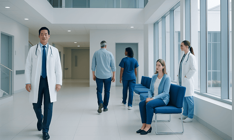 Modern hospital corridor with doctors and patients in a healthcare setting.