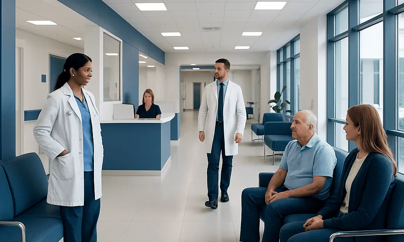 Doctors and patients in a modern hospital waiting area.