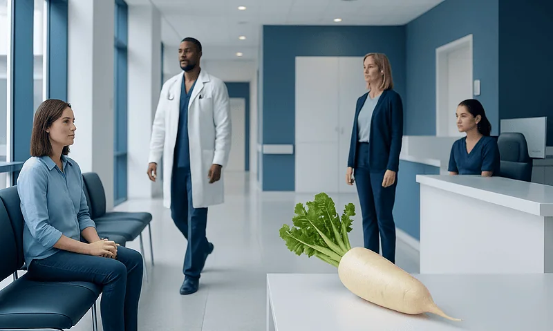 Medical consultation in a hospital with a daikon radish on the table.