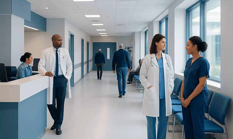 Medical staff and patients in a modern hospital corridor at Acibadem Hospitals Group.
