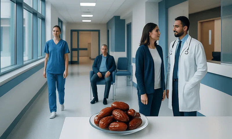 Medical professionals discussing in hospital corridor with dates on table.