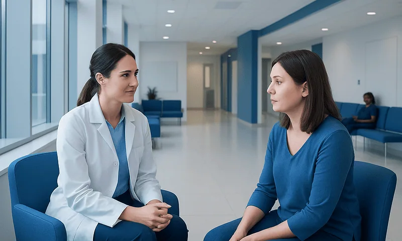 Doctor consulting with patient in a modern hospital waiting area.