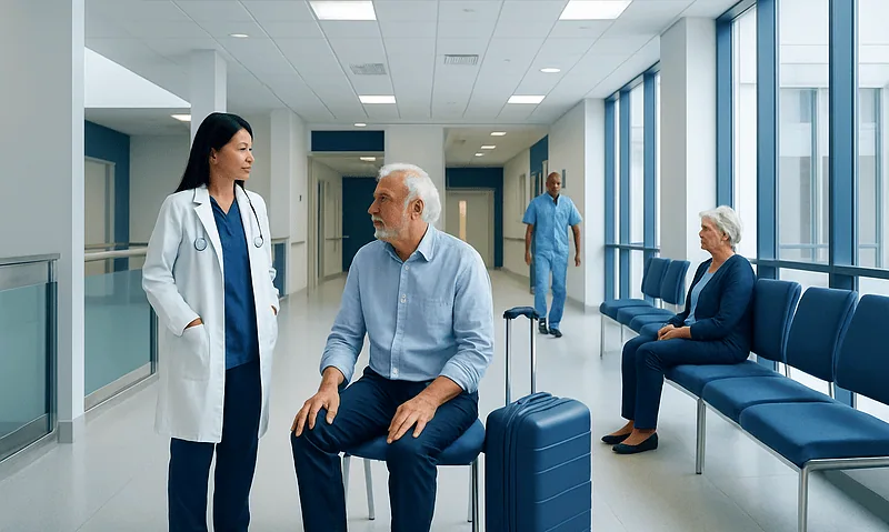 Doctor consulting with elderly patient in hospital corridor.
