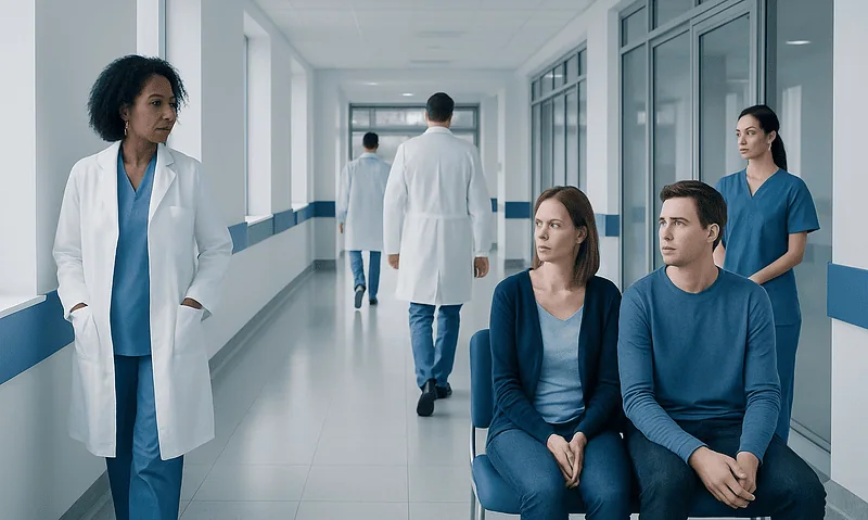Medical staff and patients in hospital corridor at Acibadem Hospitals Group.